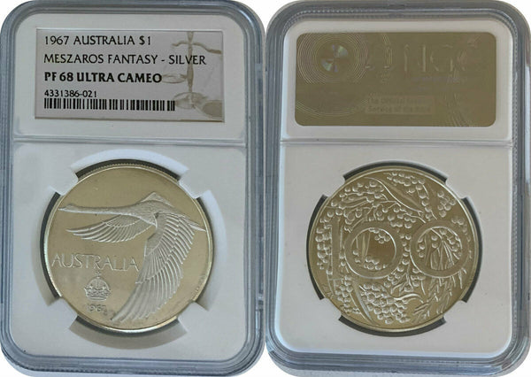 1967 Australia Proof Silver $1 Swan Pattern Dollar Meszaros Fantasy NGC PF68