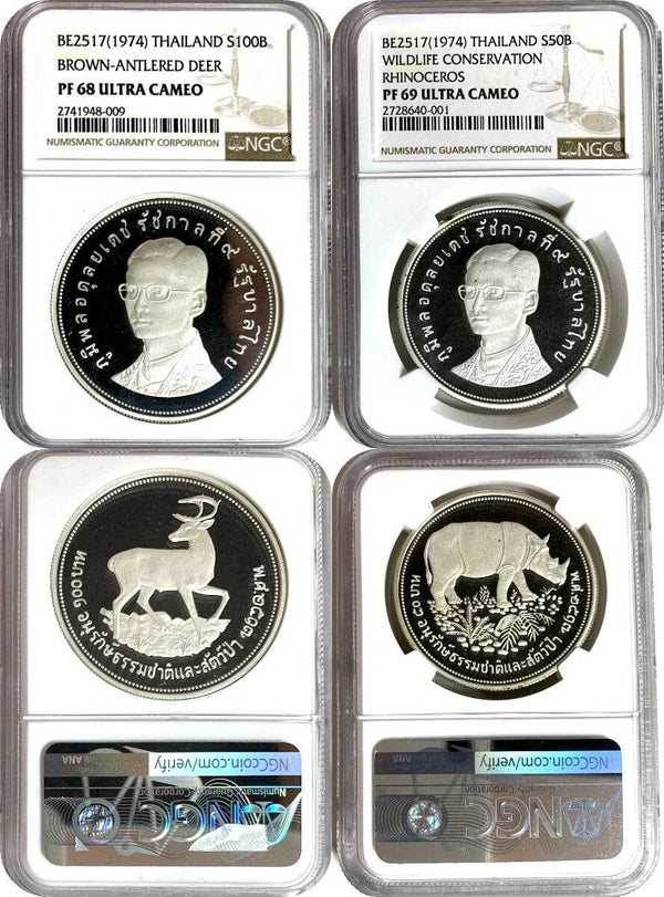 1974 Thailand Silver 50 & 100 Baht Rhino Deer Wild Conservation NGC PF68-69