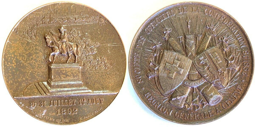 Swiss 1892 Geneva Officers Reunion bronze Medal General Dufour Horse Very Rare