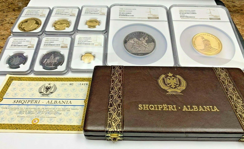 Albania 1968 Set 8 Gold Silver Coins Prince Skanderbeg's Death NGC PF60-68 Rare