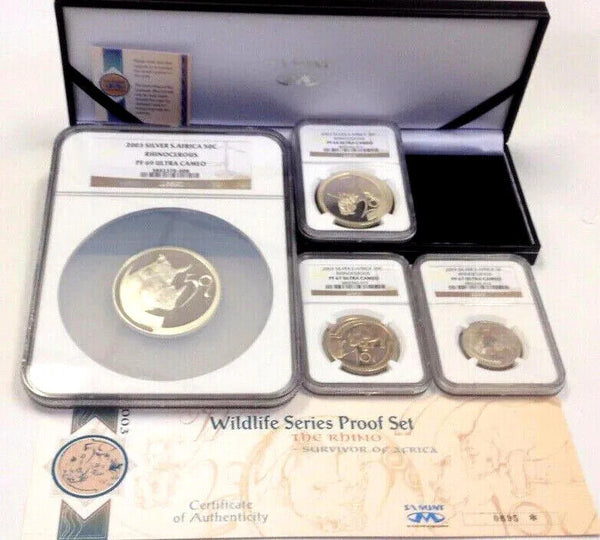 South Africa 2003 Set 4 Silver Coins Rhinoceros Wildlife Rhino NGC PF66-69 Rare