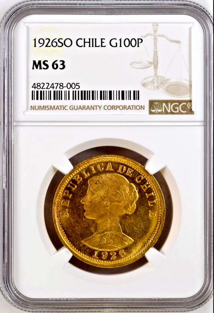 Chile Republic 1926 Gold Coin 100 Pesos NGC MS63 Diez Cóndores