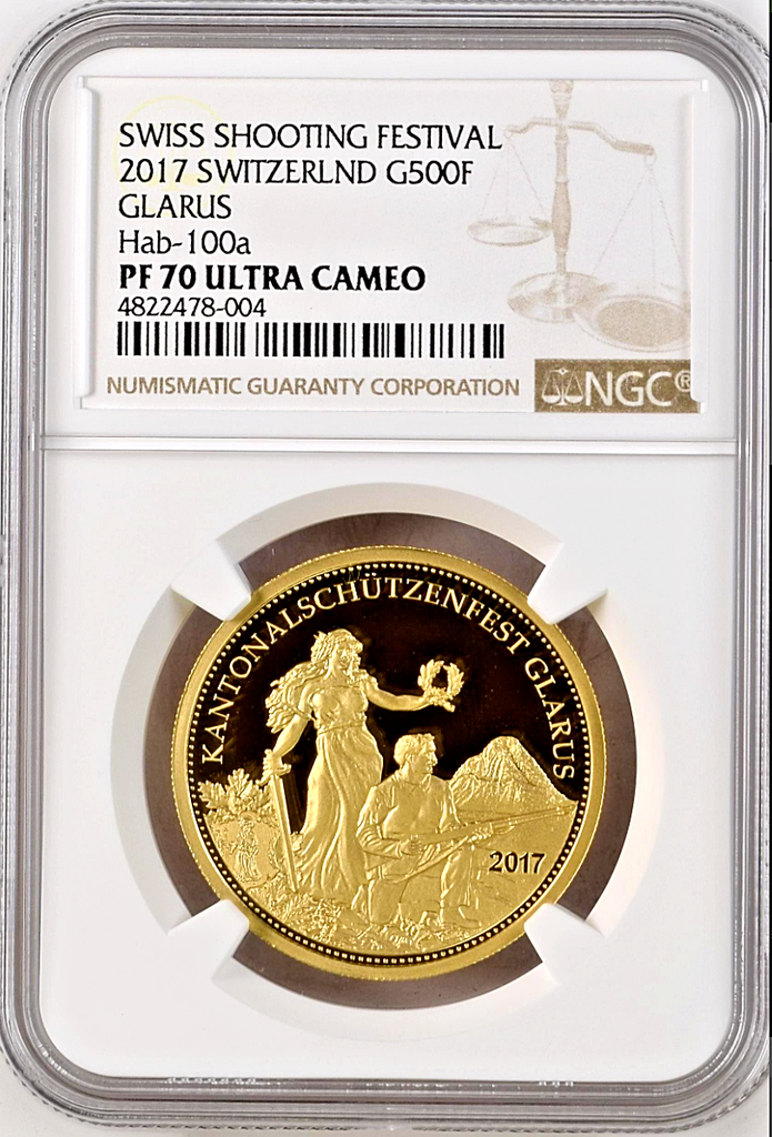 Swiss 2017 Gold Shooting Thaler 500 Francs Glarus NGC PF70 Top Pop Hab-100a