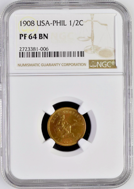 1908 Philippines Under US Sovereignty 1/2 Centavo Bronze NGC PF64 Mintage-500