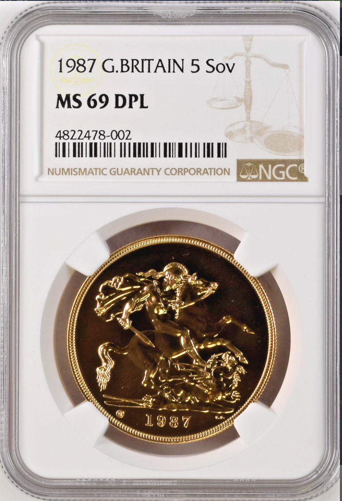 Great Britain 1987 Gold 5 Pounds Sovereign Elizabeth II St George NGC MS69 DPL