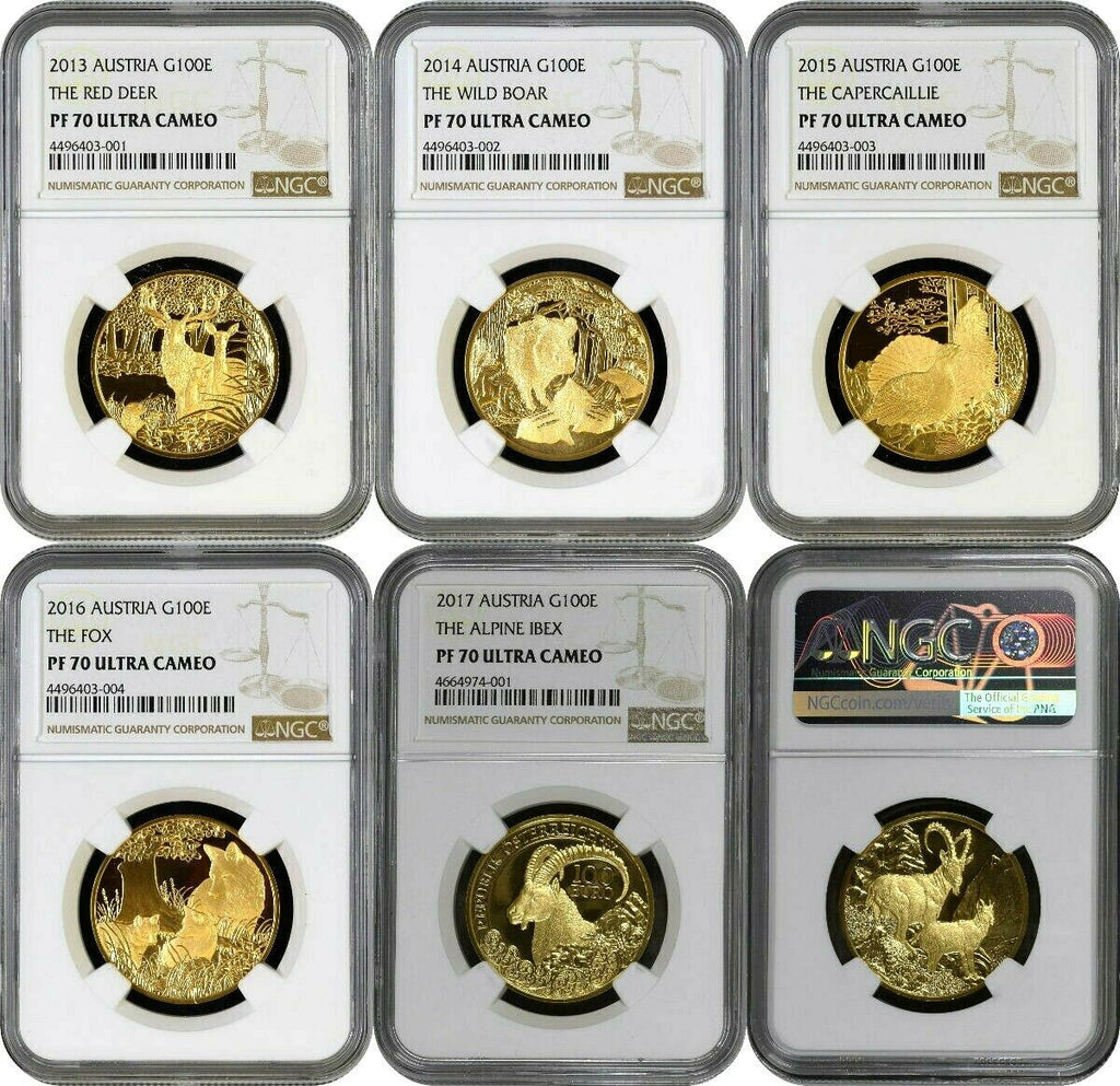 2013-2017 Austria Gold Set 5 Coins Wildlife in our Sights NGC PF70