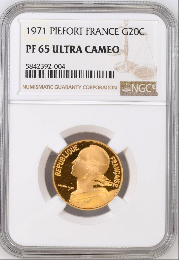 Rare France 1971 Gold Piefort 20 Centimes Paris Marianne NGC PF65 Mintage-100