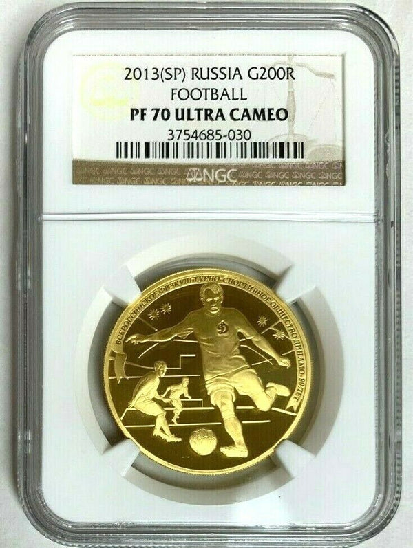 Russia 2013 Gold 200 Ruble NGC PF70 Winter Sport Dynamo Football Soccer Mint-500