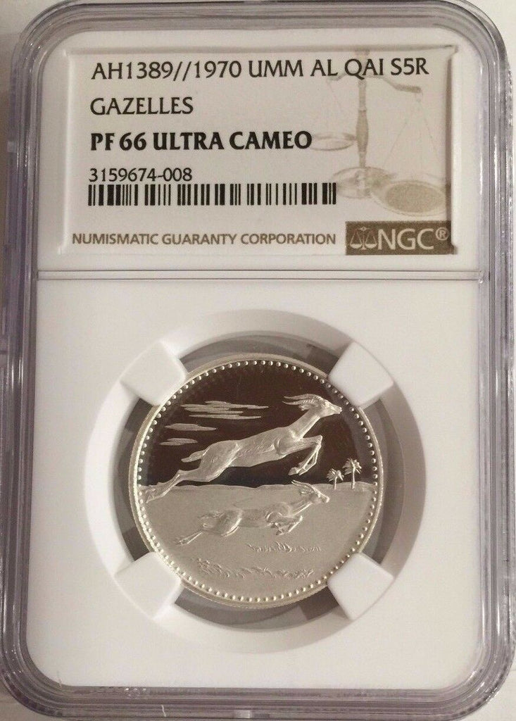 UAQ Umm Al Qaiwain UAE 1389 1970 Silver 5 Riyals Gazelles NGC PF66 Low Mintage