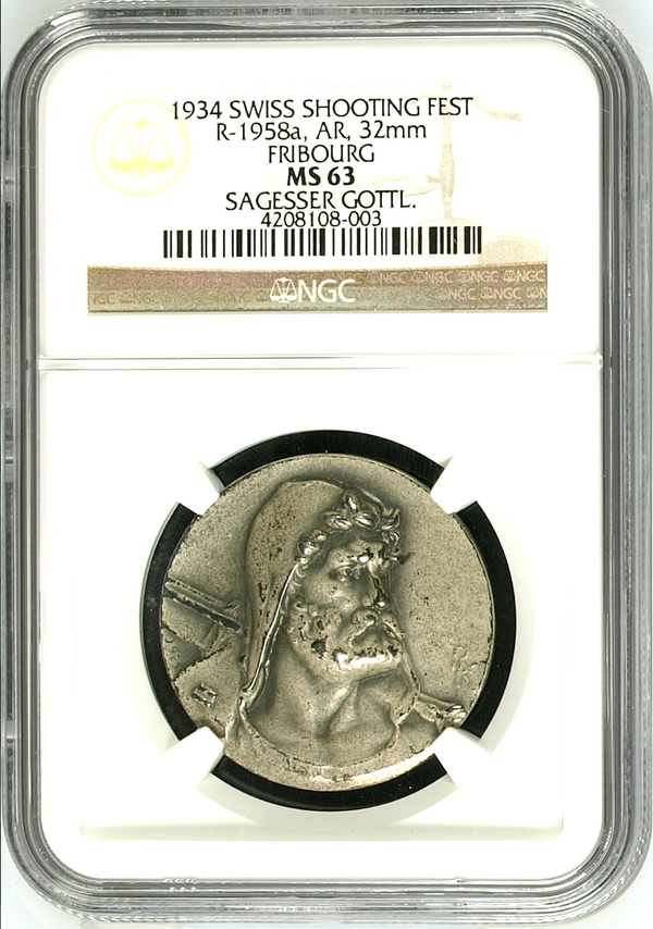 Swiss 1934 Silver Shooting Medal NGC MS63 Fribourg R-1958a Very Rare