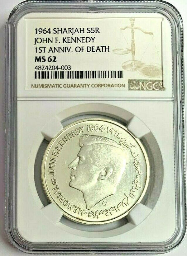 UAE Sharjah 1964 Silver 5 Rupees Saqr III US President John F. Kennedy NGC MS62