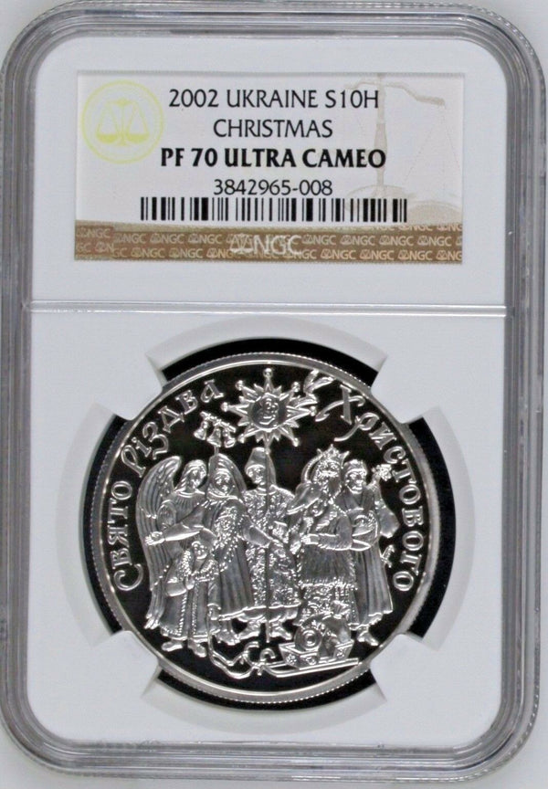 2002 Ukraine 10 Hryven 1oz Silver Coin Christmas NGC PF70 perfect condition