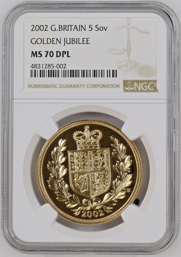 Great Britain 2002 Gold 5 Pounds Sovereign Elizabeth II NGC MS70 Mintage-1,370