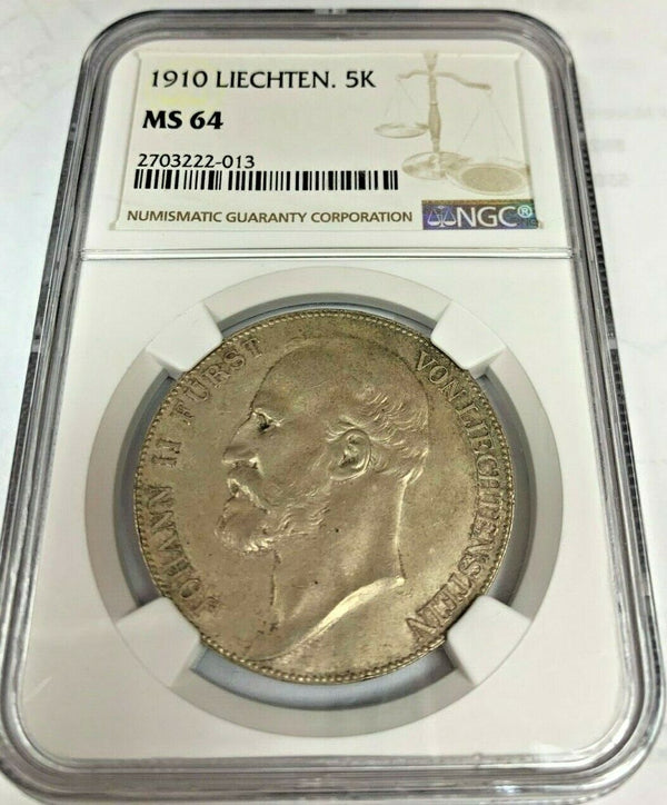 1910 Liechtenstein 5 Kronen Silver Coin John Johann II NGC MS64 Low Mintage