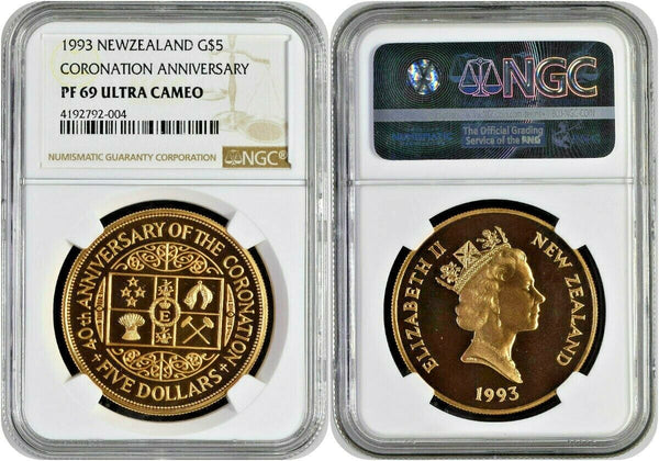 1993 New Zealand Gold $5 NGC PF69 Coronation Jubilee Elizabeth II Mintage-210