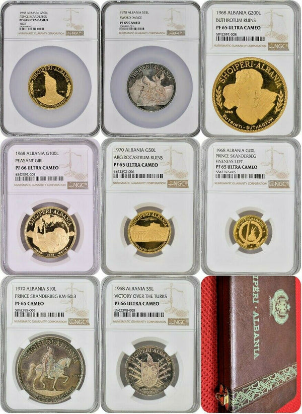 Albania 1968-1970 Set 8 Silver Gold Prince Skanderbeg's Death NGC PF64-66 Rare