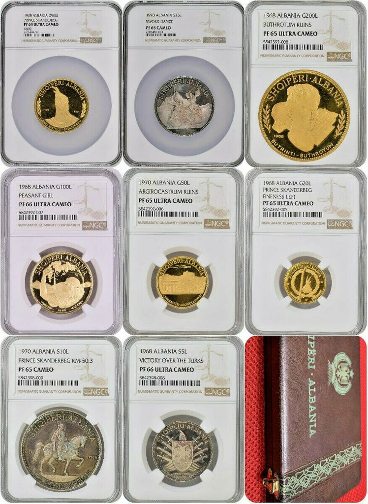 Albania 1968-1970 Set 8 Silver Gold Prince Skanderbeg's Death NGC PF64-66 Rare