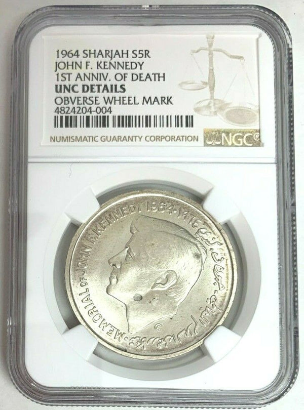 UAE Sharjah 1964 Silver 5 Rupees Saqr III US President John F. Kennedy NGC