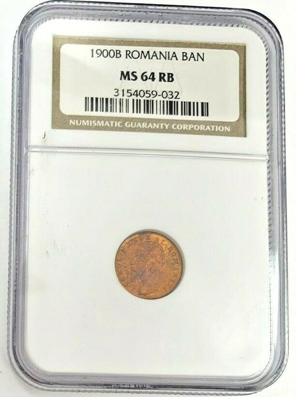 Romania 1900 Bronze 1 Ban King Carol I NGC MS64 Nothing without God's will