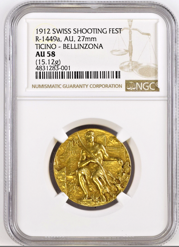 Swiss 1912 Gold Shooting Medal Ticino Bellinzona R-1449a NGC AU58 Extremely Rare
