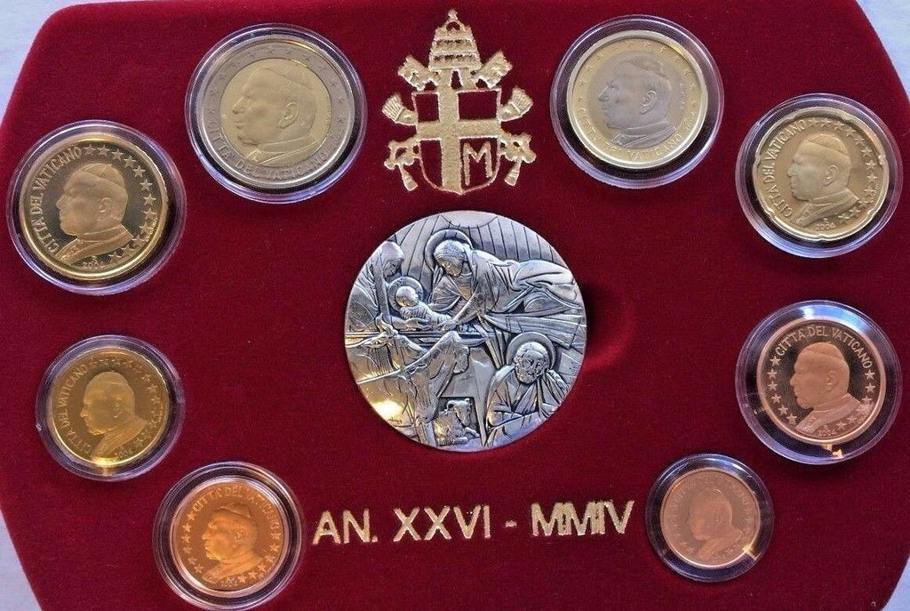 Vatican 2004 Pope John Paul II Euro Set 8 Proof Coins, Silver Medal Box COA