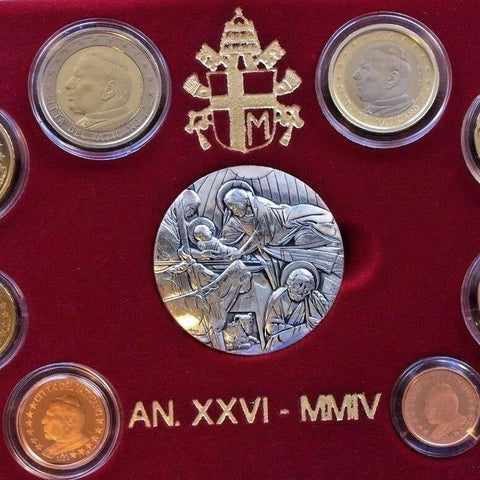 Vatican 2004 Pope John Paul II Euro Set 8 Proof Coins, Silver Medal Box COA