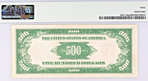 1934 $500 Bill Federal Reserve Note Boston PMG XF40 Fr#2201-Adgs Dark Green