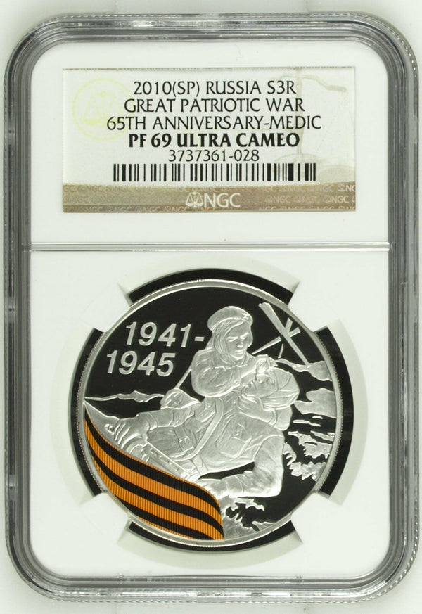 Russia 2010 Silver 3 Roubles Great Patriotic War WWII Medic Colorized NGC PF69