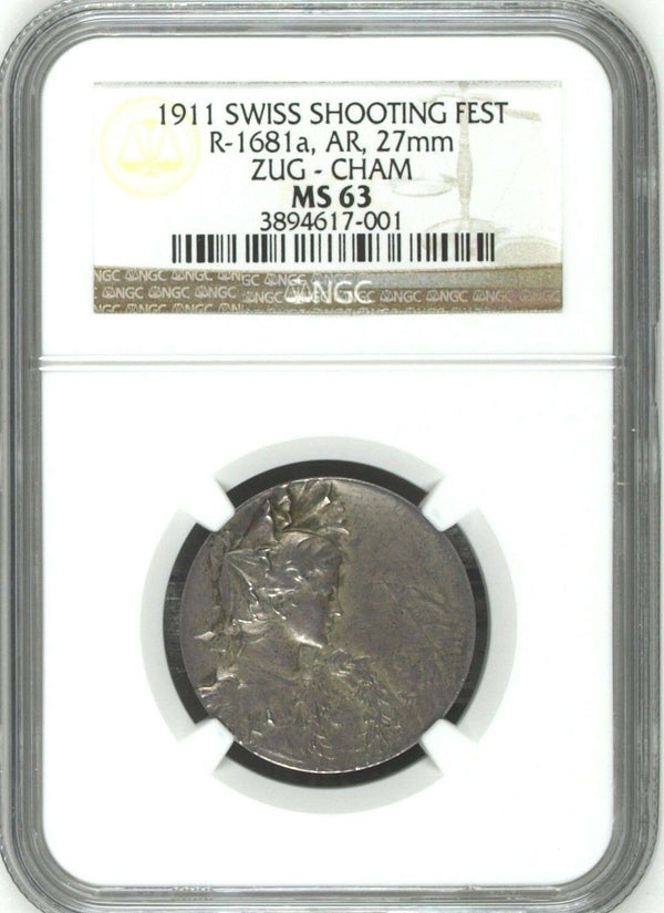 Swiss 1911 Silver Medal Shooting Fest Zug Cham R-1681a Woman NGC MS63 Rare