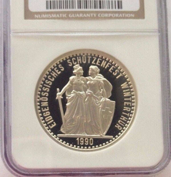Swiss 1990 Silver Shooting Medal 50 Francs Winterthur Zurich Helvetia NGC PF69