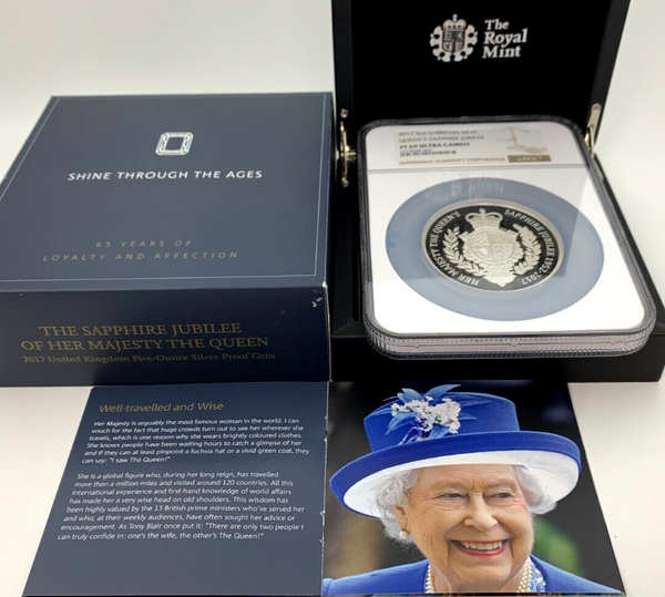 2017 Great Britain 5oz Silver £10 Sapphire Jubilee Queen Elizabeth II NGC PF69