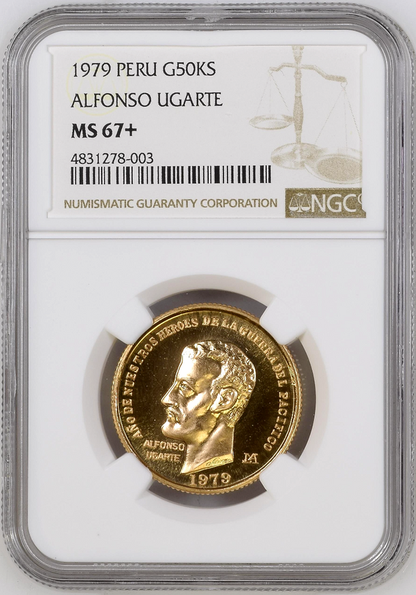 Peru 1979 Gold 50K Soles Alfonso Urgarte Heroes of the Pacific War NGC MS67+