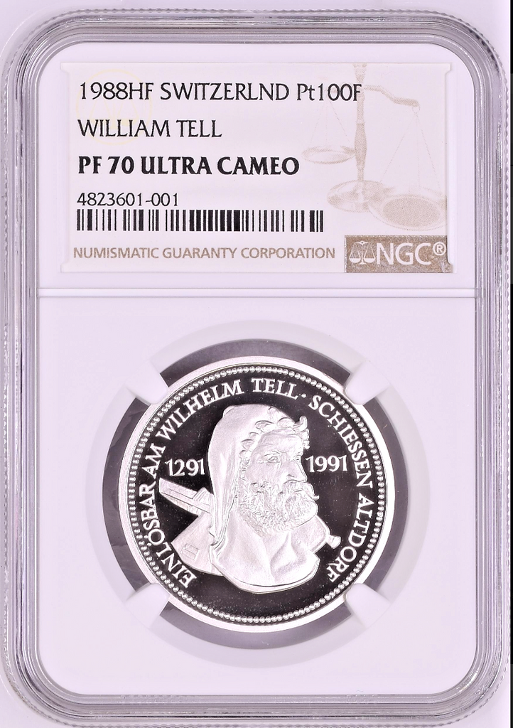 Swiss 1988 Platinum Shooting Thaler Medal Uri Altdorf William Tell NGC PF70