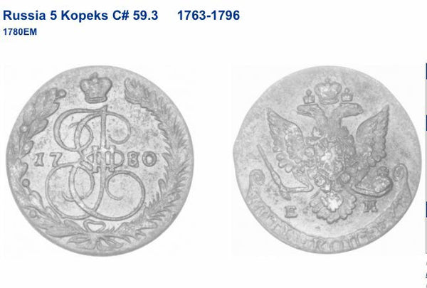Russia Empire 1780 EM Cooper Coin 5 Kopeks Catherine II Bitkin#631 NGC AU53