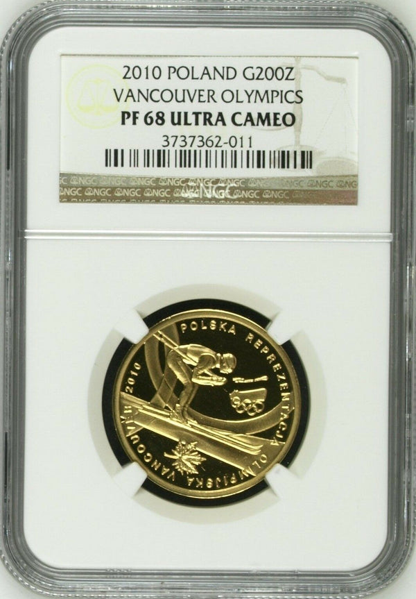 2010 Poland Gold 200 Zloty Vancouver Winter Olympics Skier NGC PF68 Low Mintage
