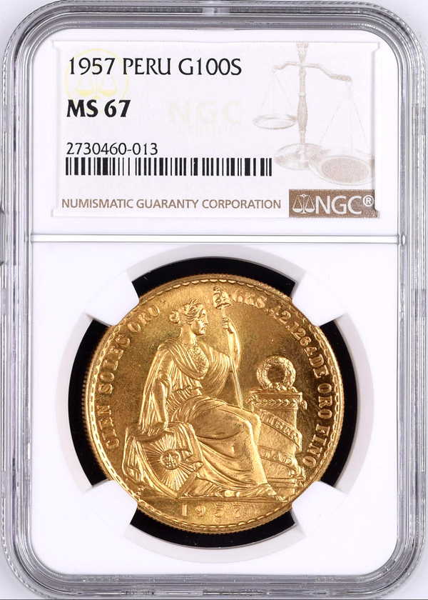 Peru 1957 Gold 100 NGC MS67 Soles Seated Liberty Lima mintage-550 Rare Top Pop