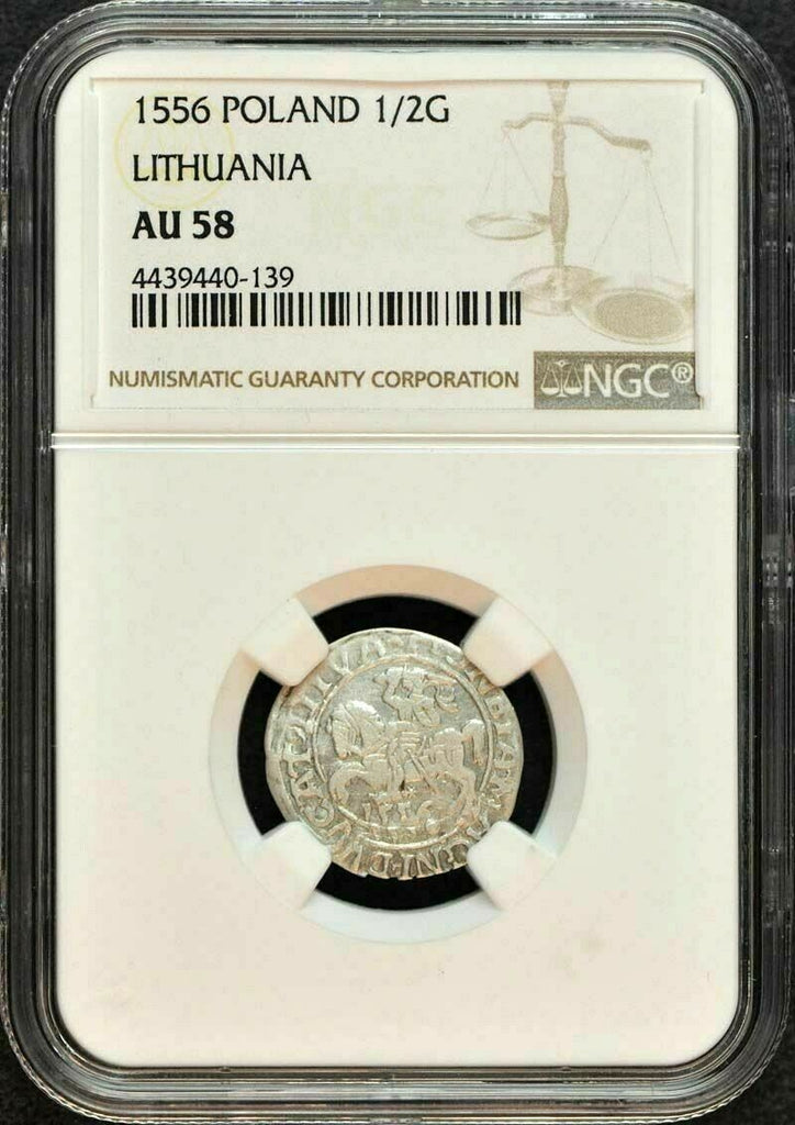 1556 Poland Silver half Groschen Lithuania Sigismund II August NGC AU58