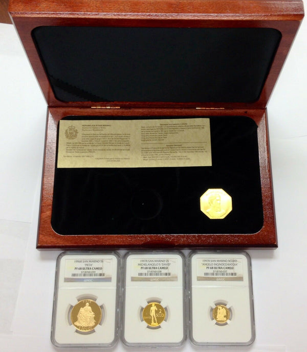 San Marino 1996 1997 Set 3 Gold Coins Michelangelo Buonarroti NGC PF68 Box COA