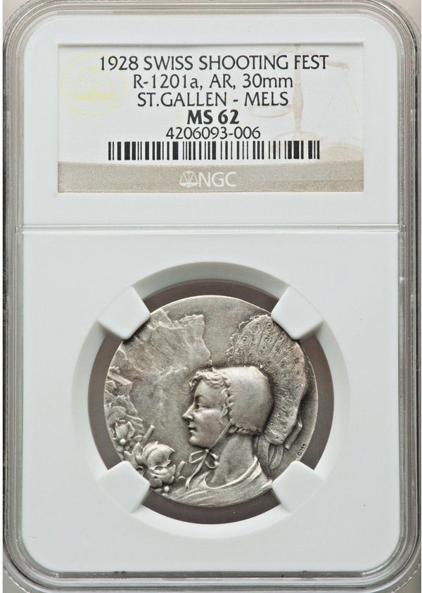 Swiss 1928 Very Rare Silver Shooting Medal St Gallen Mels R-1201a NGC MS62