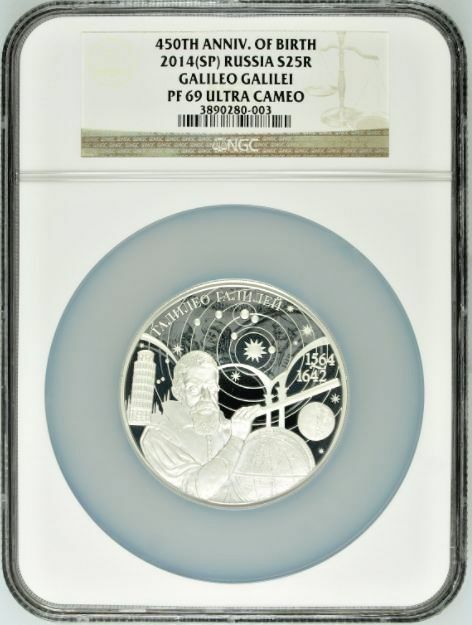 2014 Russia 25 Rouble 5oz Silver Coin Galileo Galilei NGC PF69 Mintage-850