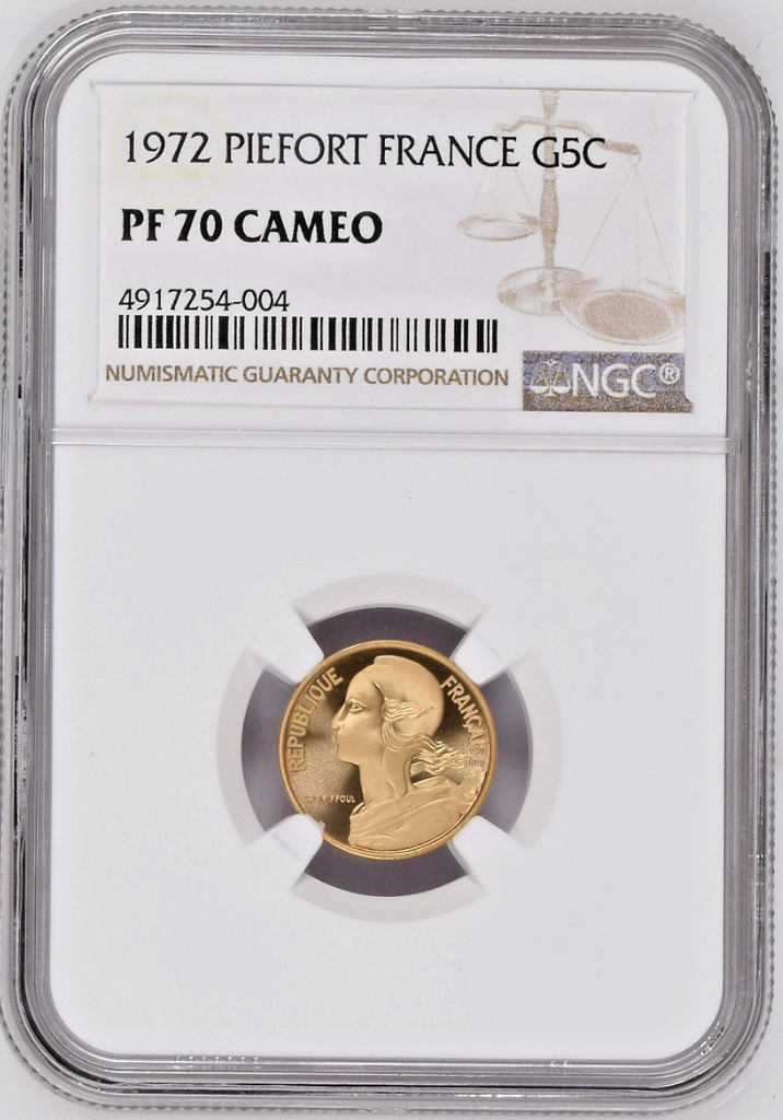 France 1972 Gold Piéfort Coin 5 Centimes Mintage-75 NGC PF70 Top Pop