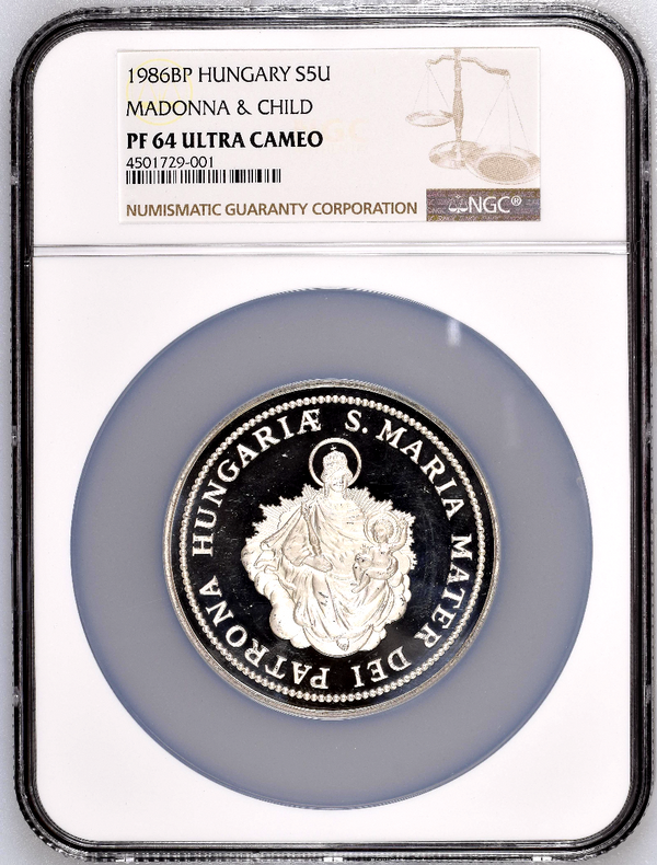 1986 Hungary Silver 5 Uncia Madonna with Child NGC PF64