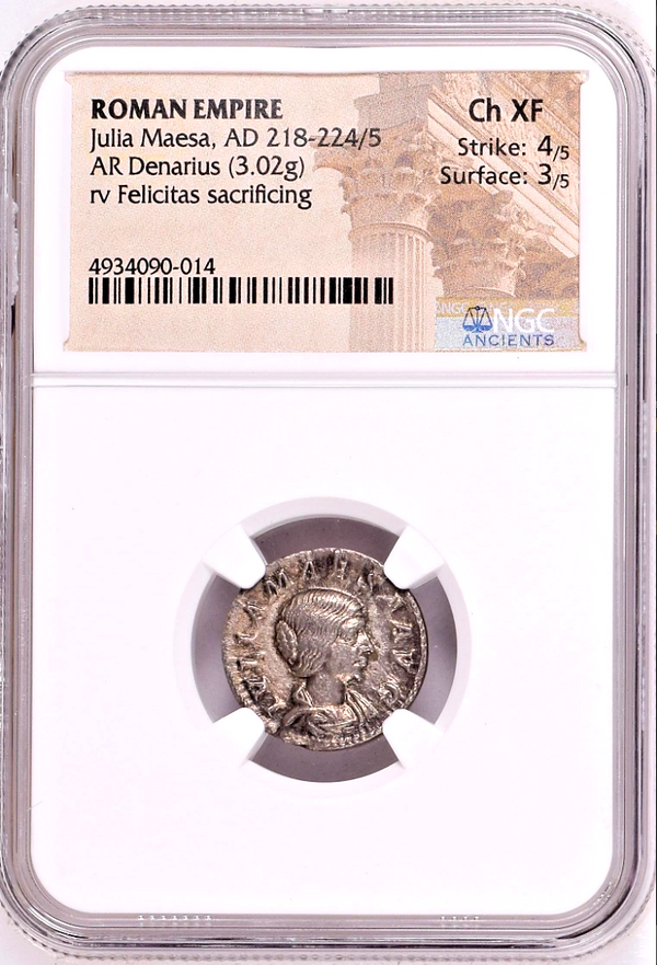 Roman Empire Julia Maesa AD218-224 AR Denarius Felicitas sacrificing NGC Ch XF