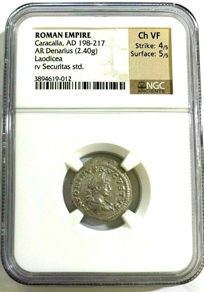 Roman Empire Caracalla AD198-217 Denarius Securitas seated Laodicea NGC Ch VF