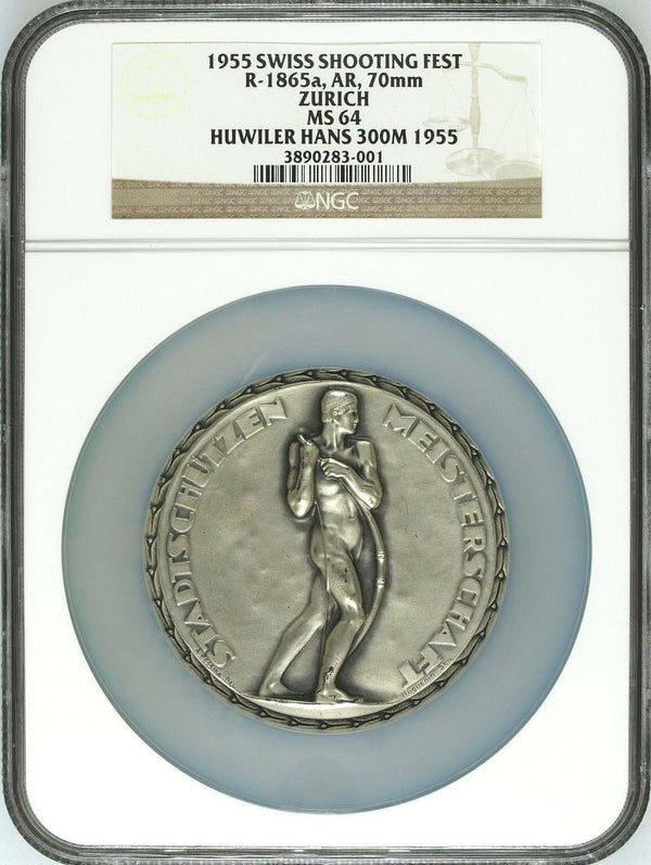 Rare Swiss 1955 Silver Shooting Medal Zurich Bow Archer R-1865a NGC MS64