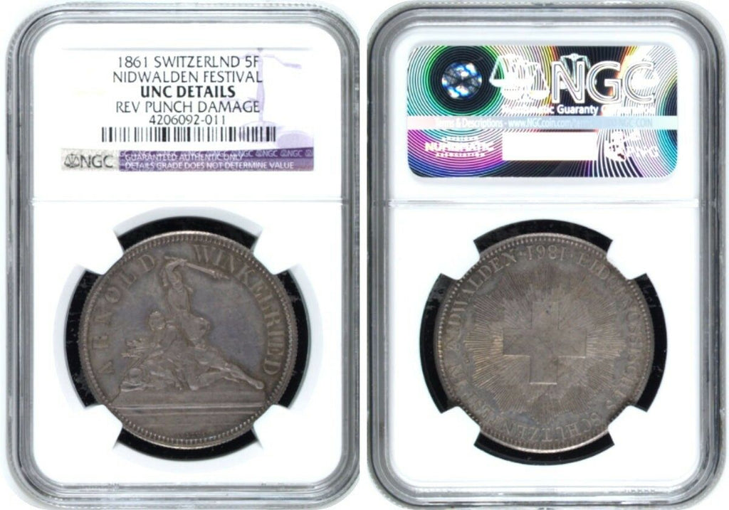 Swiss Medal 1861 Silver Shooting 5 Francs Nidwalden Stans R-1022a NGC UNC