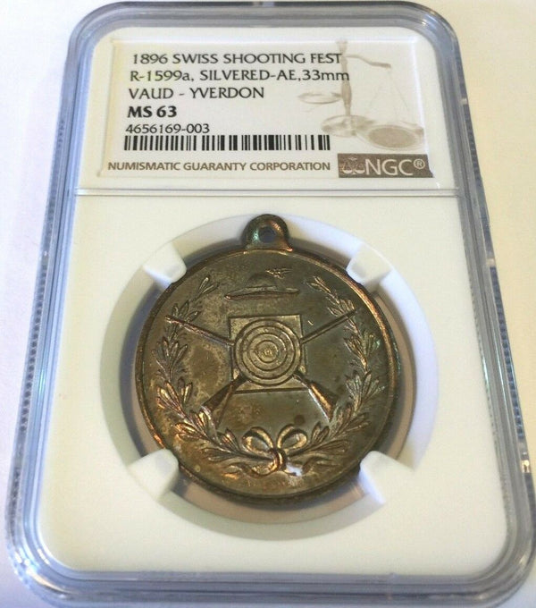 Rare Swiss 1896 Shooting Medal Vaud Yverdon Bronze silvered R-1599a NGC MS63