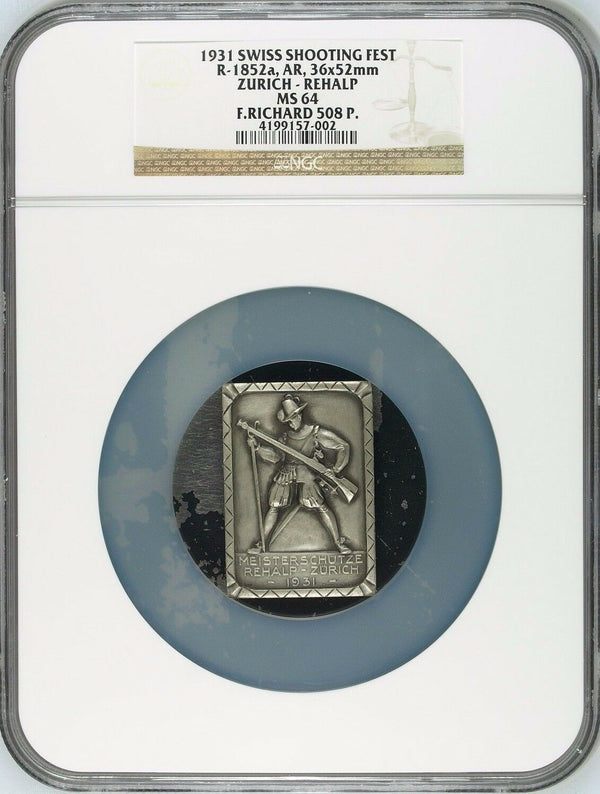 Swiss 1931 Silver Shooting Medal Zurich Rehalp Mintage-47 R-1852a NGC MS64