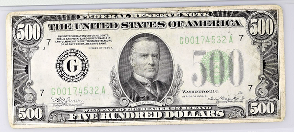 1934 $500 Bill Federal Reserve Note Chicago PMG VF30 Fr.2202-G Morgenthau