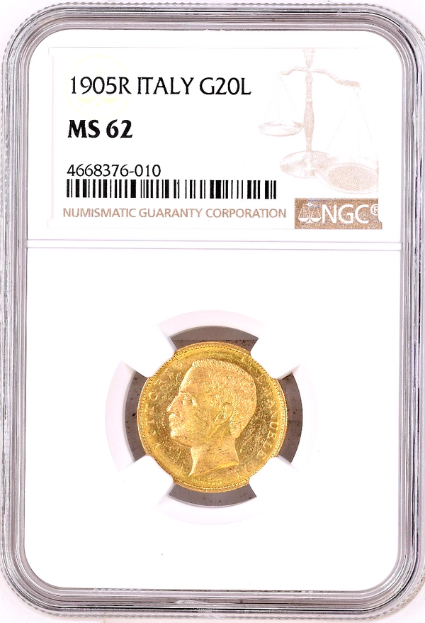 1905 Italy Gold Coin 20 Lire NGC MS62 King Vittorio Emanuele III Rom